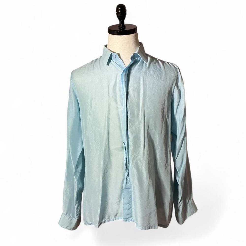 Michel Armani Mens Light Blue Silk Long Sleeve Collared‎ Dress Shirt L